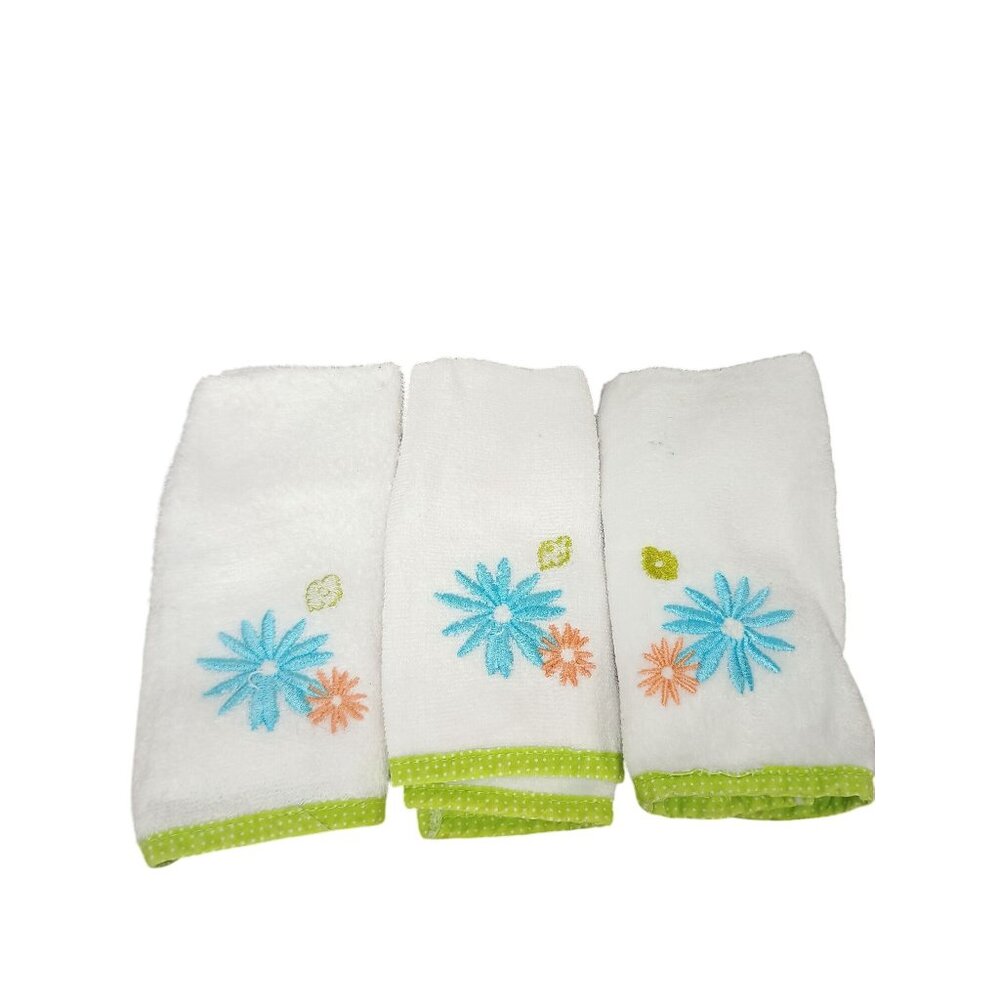 White Cotton Hand Towels With Blue Orange Floral Embroidery Green Polka Dot Trim